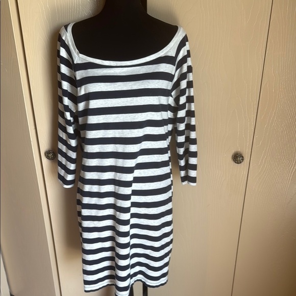 Striped Navy and Gray Dress Wide Neck / Off the Shoulder. - Picture 1 of 5